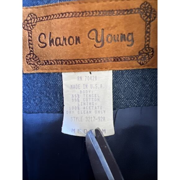 Sharon Young Denim Jacket Medium Blue Red Military Crop Ranch Western Y2K Vtg US - Picture 6 of 10